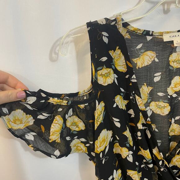 Gilli Black Yellow Floral High Low Cold Shoulder V-Neck Ruffles Dress Large - Picture 3 of 8